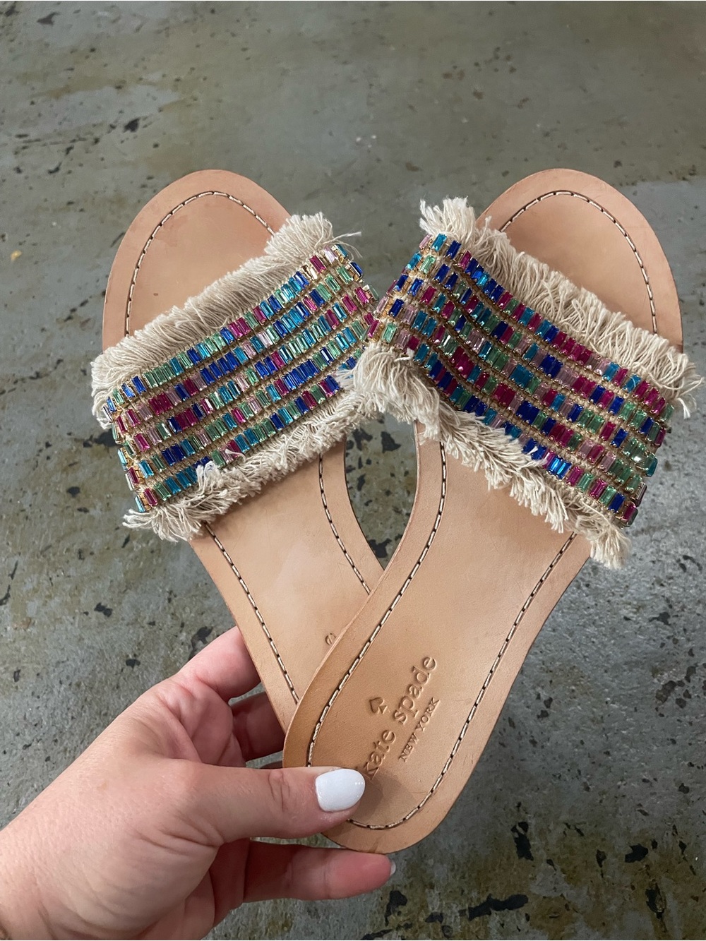 Kate Spade Solaina Multicolor Beaded Biege Fringe Slide Sandals Size 8 - Picture 3 of 5